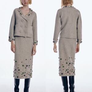 NWT Zara Knit Beaded Jewel Embellished Blazer and Skirt 2 Piece Set. Rare.⭐️